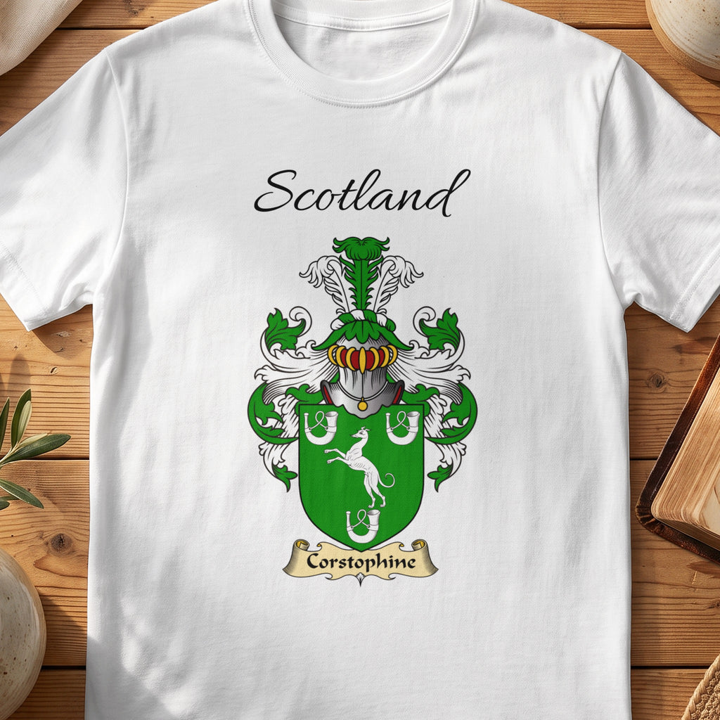 White Corstorphine Scottish family shield T-shirt featuring a white animal and horseshoes on green