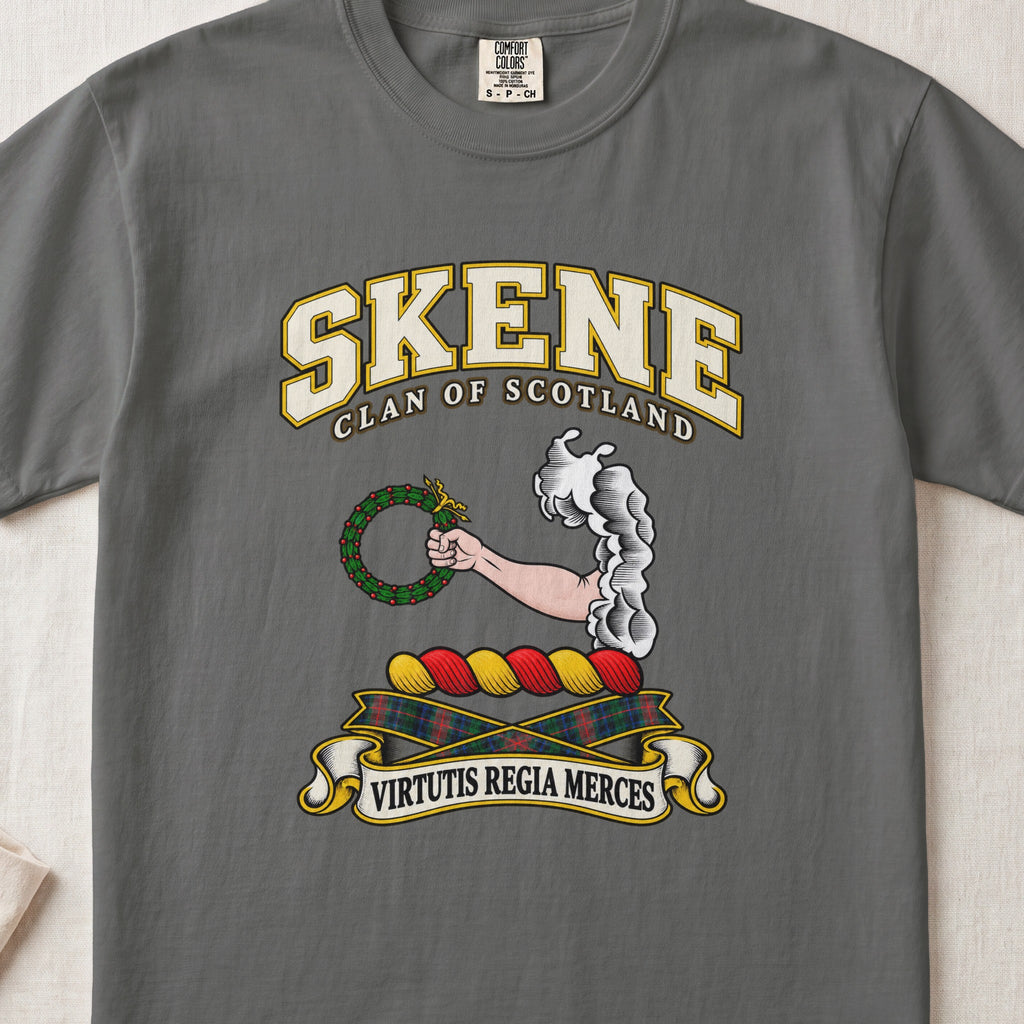 Skene Scottish clan T-shirt in Pepper, front view with an arm extending from clouds and holding a green wreath and motto design.