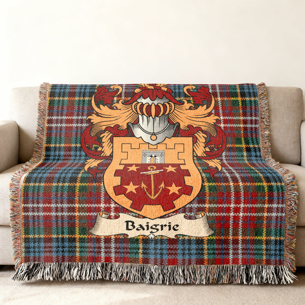 Baigrie Scottish family shield woven blanket on a Caledonia tartan background