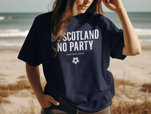 Navy t-shirt with "SCOTLAND NO PARTY" and soccer ball graphic.