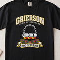 Grierson Scottish clan T-shirt in Black, front view with a chained silver log and motto design.