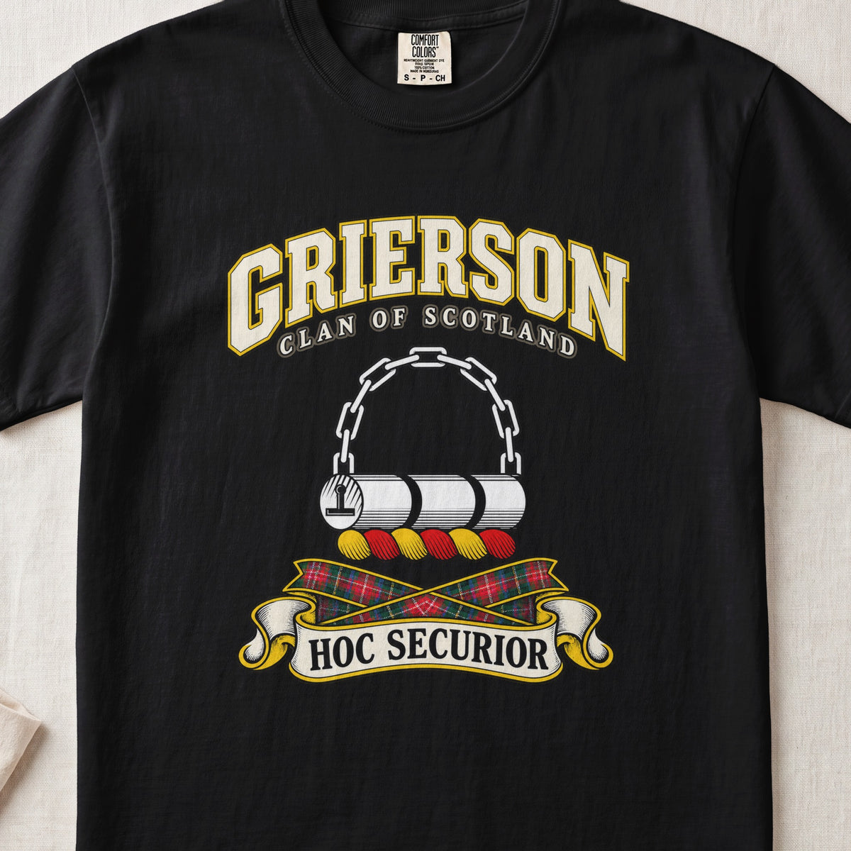 Grierson Scottish clan T-shirt in Black, front view with a chained silver log and motto design.