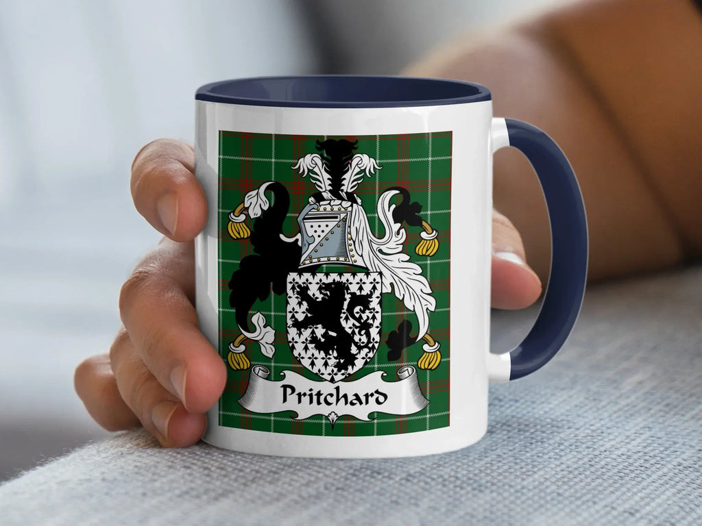 Pritchard Welsh family crest mug with navy accent and tartan design