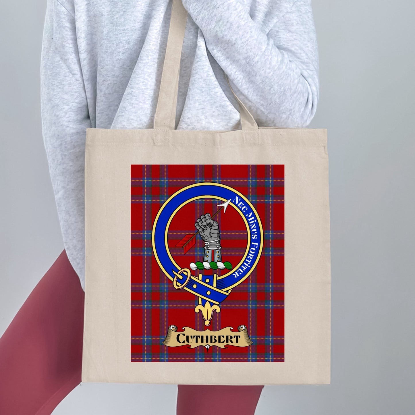 Cuthbert Clan Crest on Tartan Scottish Design Tote Bag - Living Stone Gifts