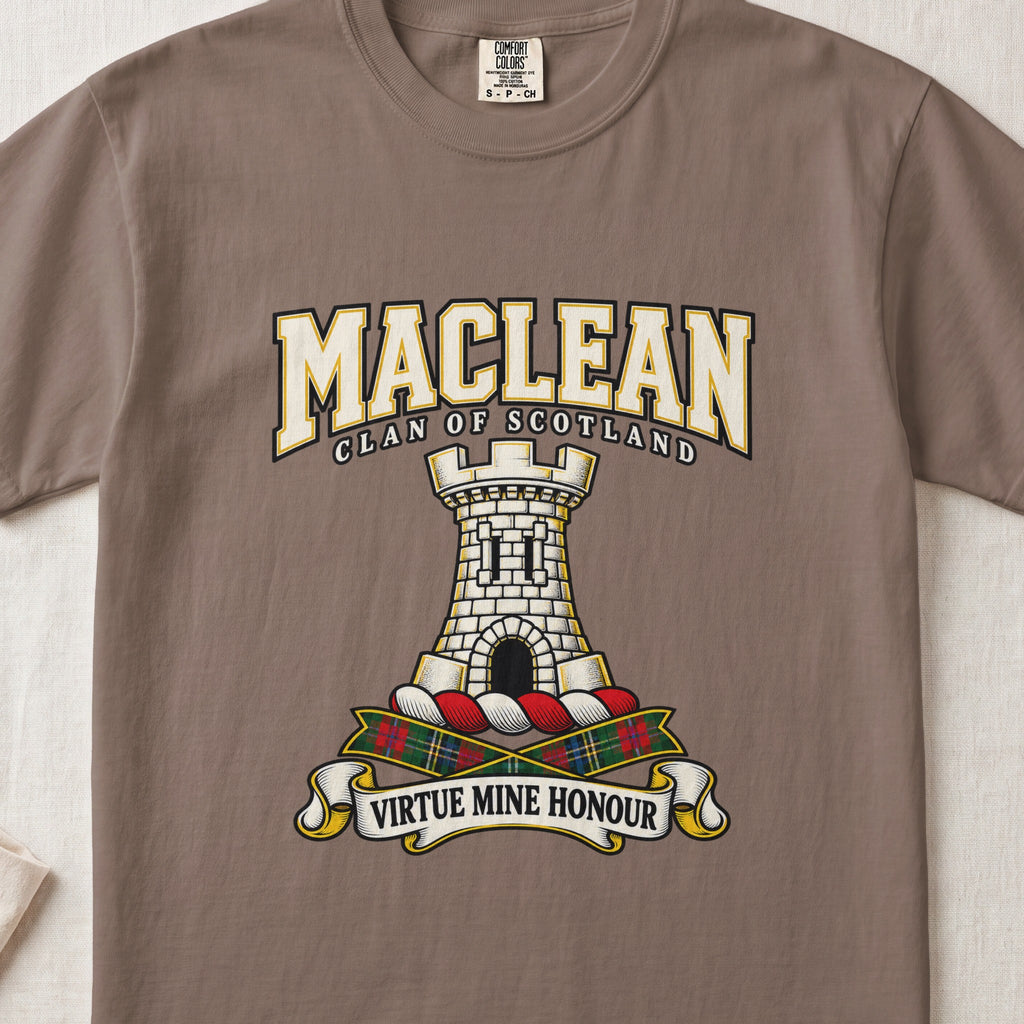 MacLean graphic T-shirt in Espresso brown, front flat lay showing varsity lettering and white stone tower with black arched entrance.