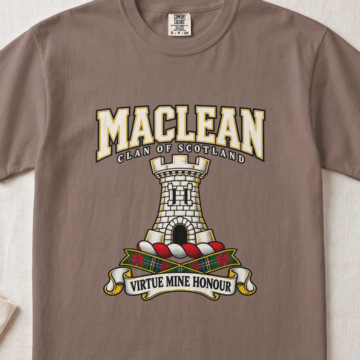 MacLean graphic T-shirt in Espresso brown, front flat lay showing varsity lettering and white stone tower with black arched entrance.