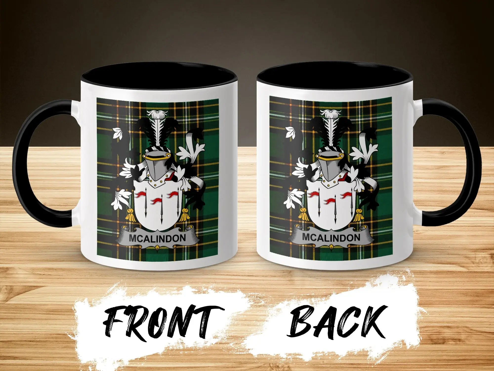 Mcalindon tartan crest mug with black handle and rim, front and back views.