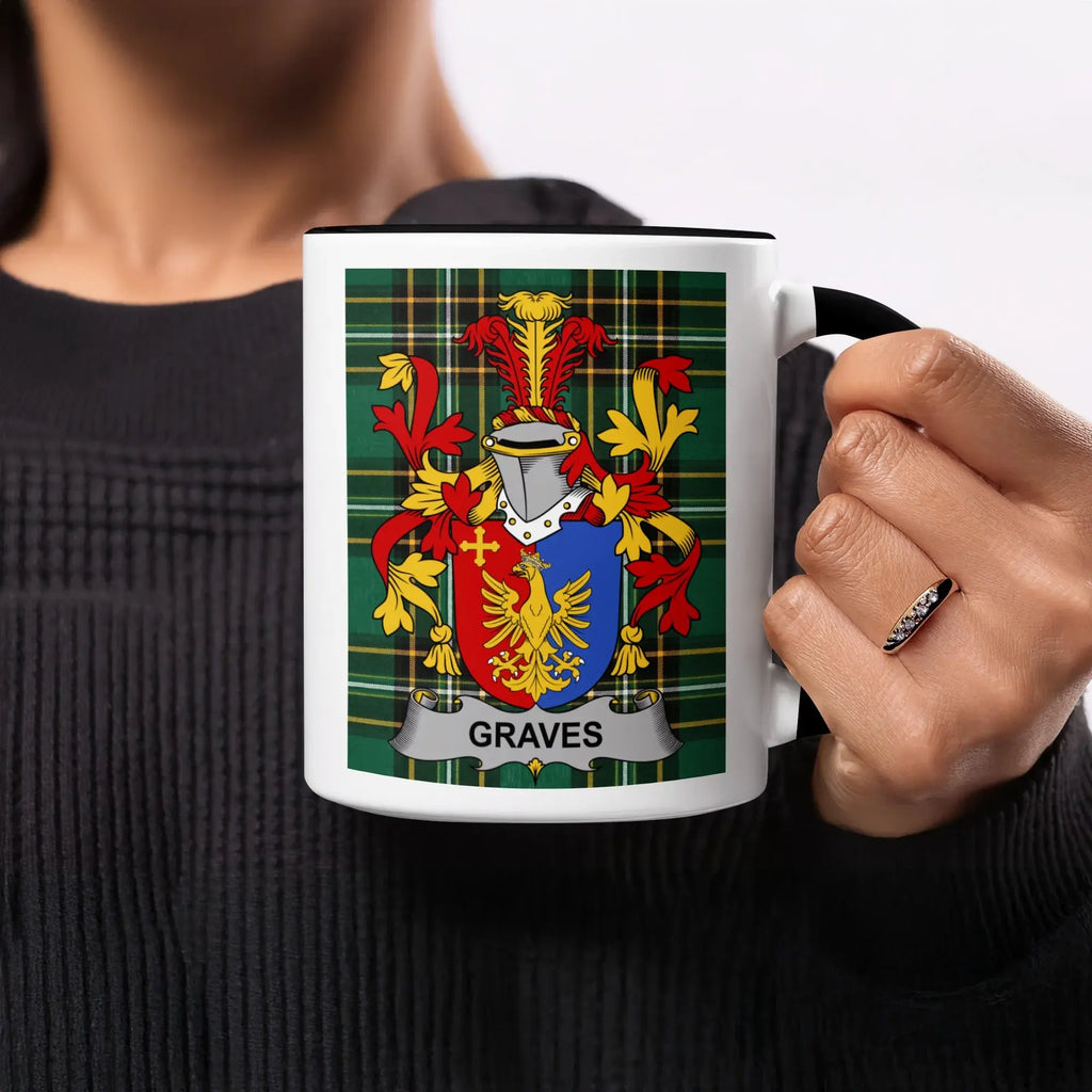 Mug with Graves family crest on plaid background.