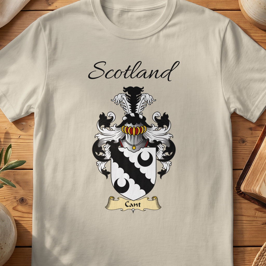 Sand Cant Scottish family shield T-shirt featuring a black scalloped diagonal band between black crescents
