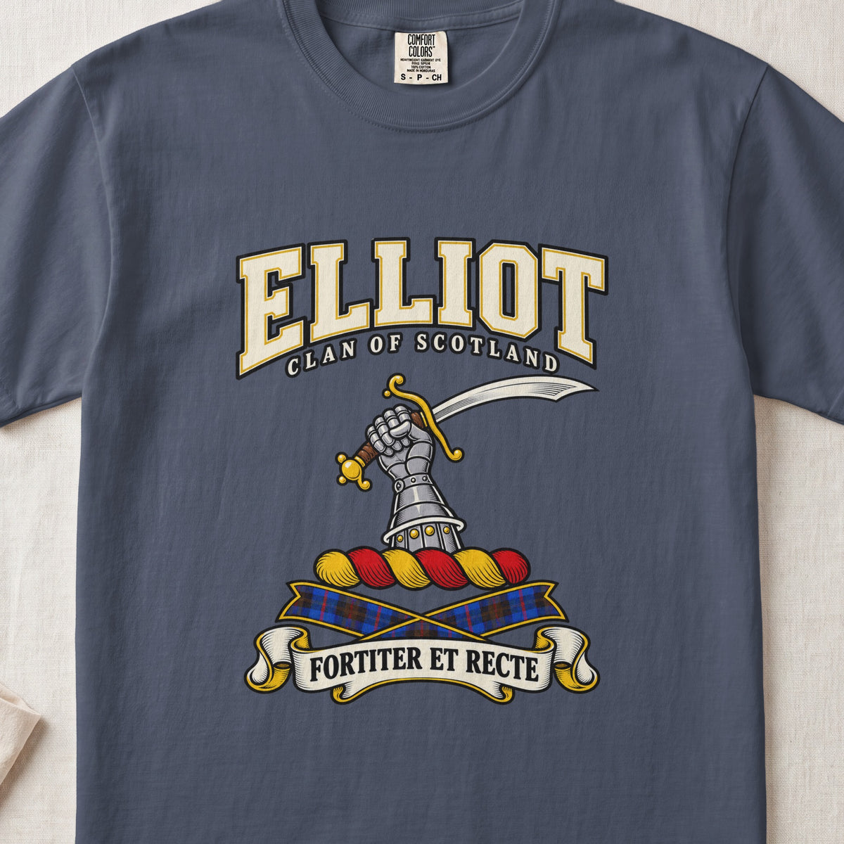 Elliot Scottish clan graphic T-shirt in Midnight, front view