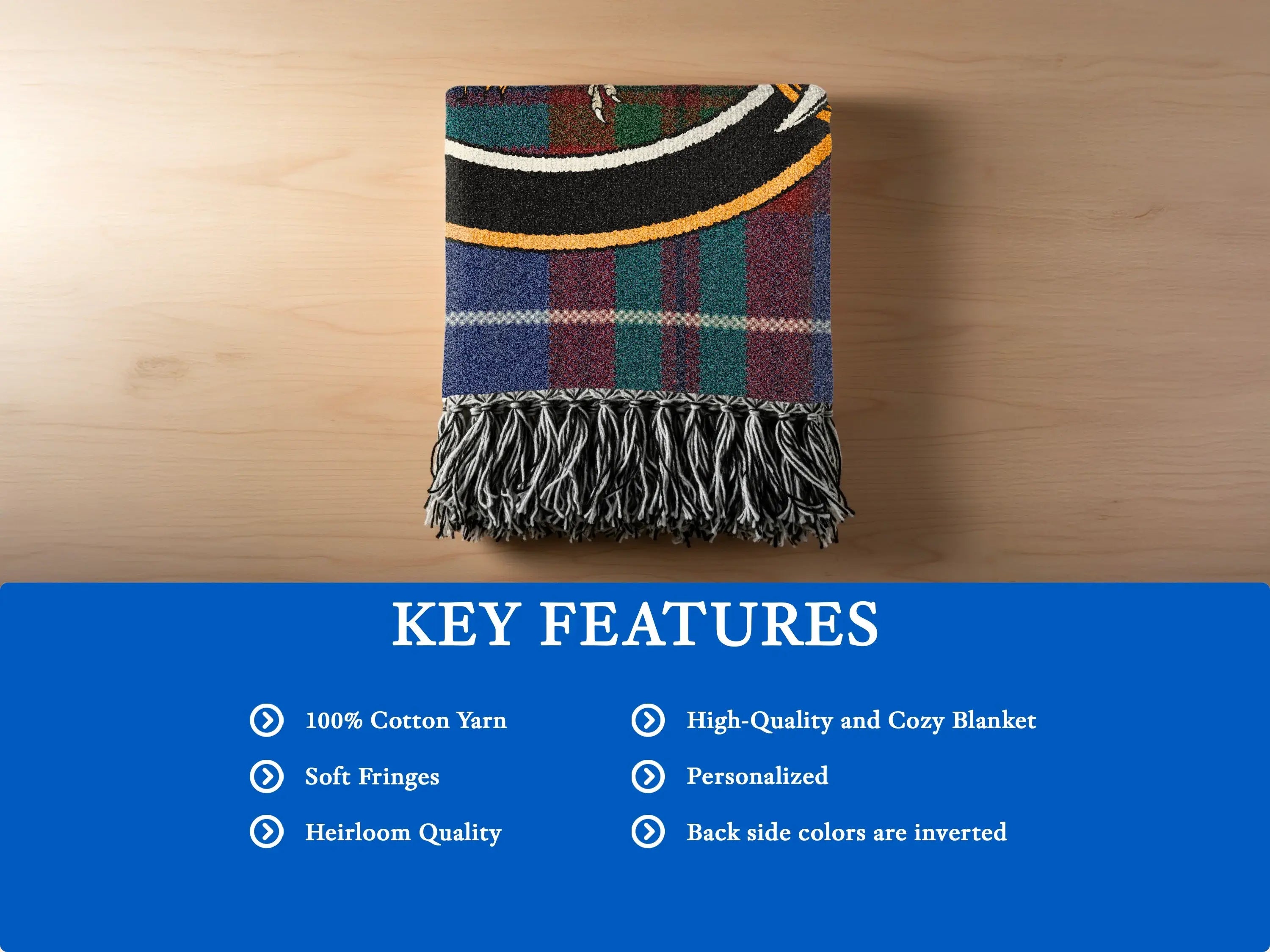 Clan Crichton cotton woven blanket folded — showing fringe edge and tartan weave texture