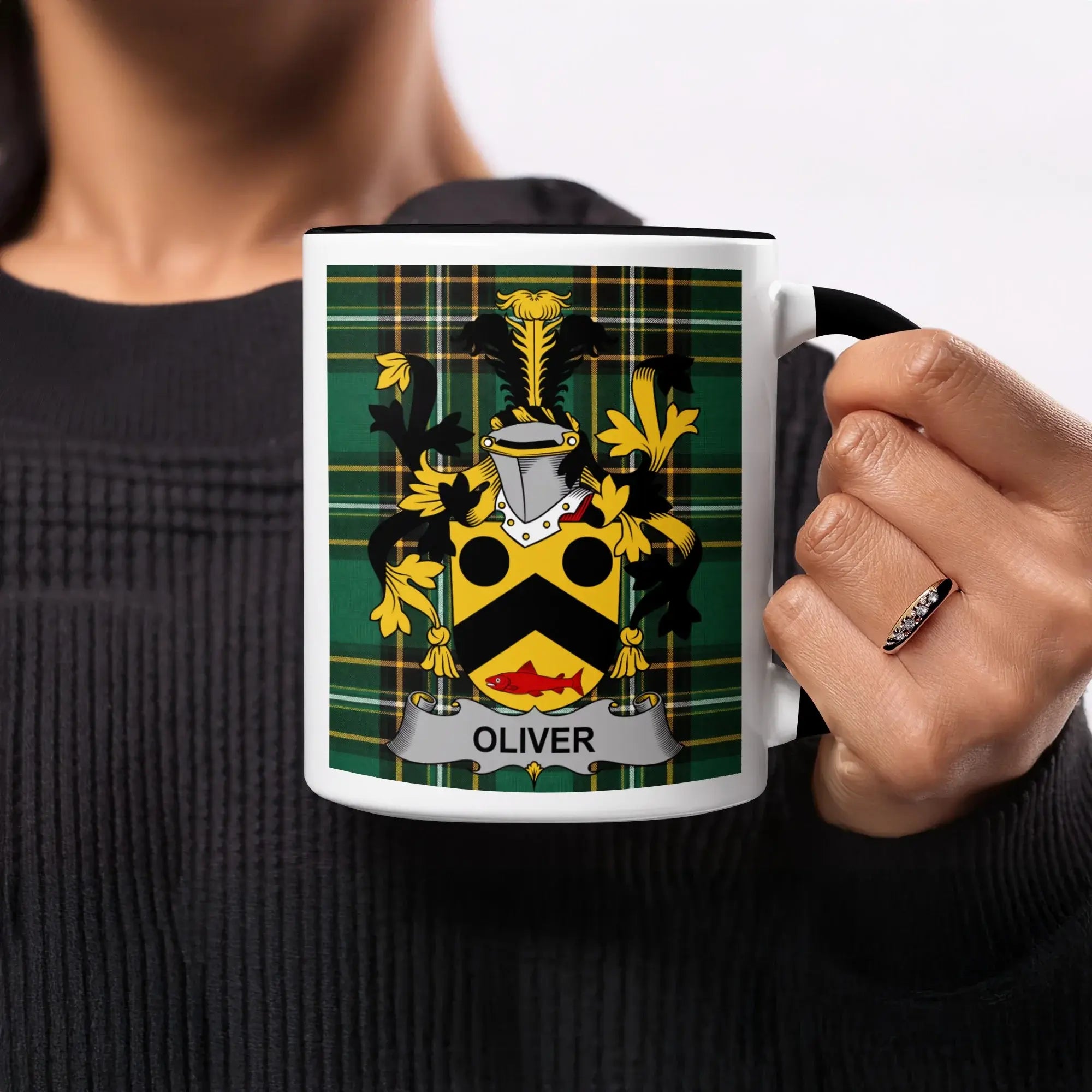 Oliver black accent mug with Irish National Tartan and family crest