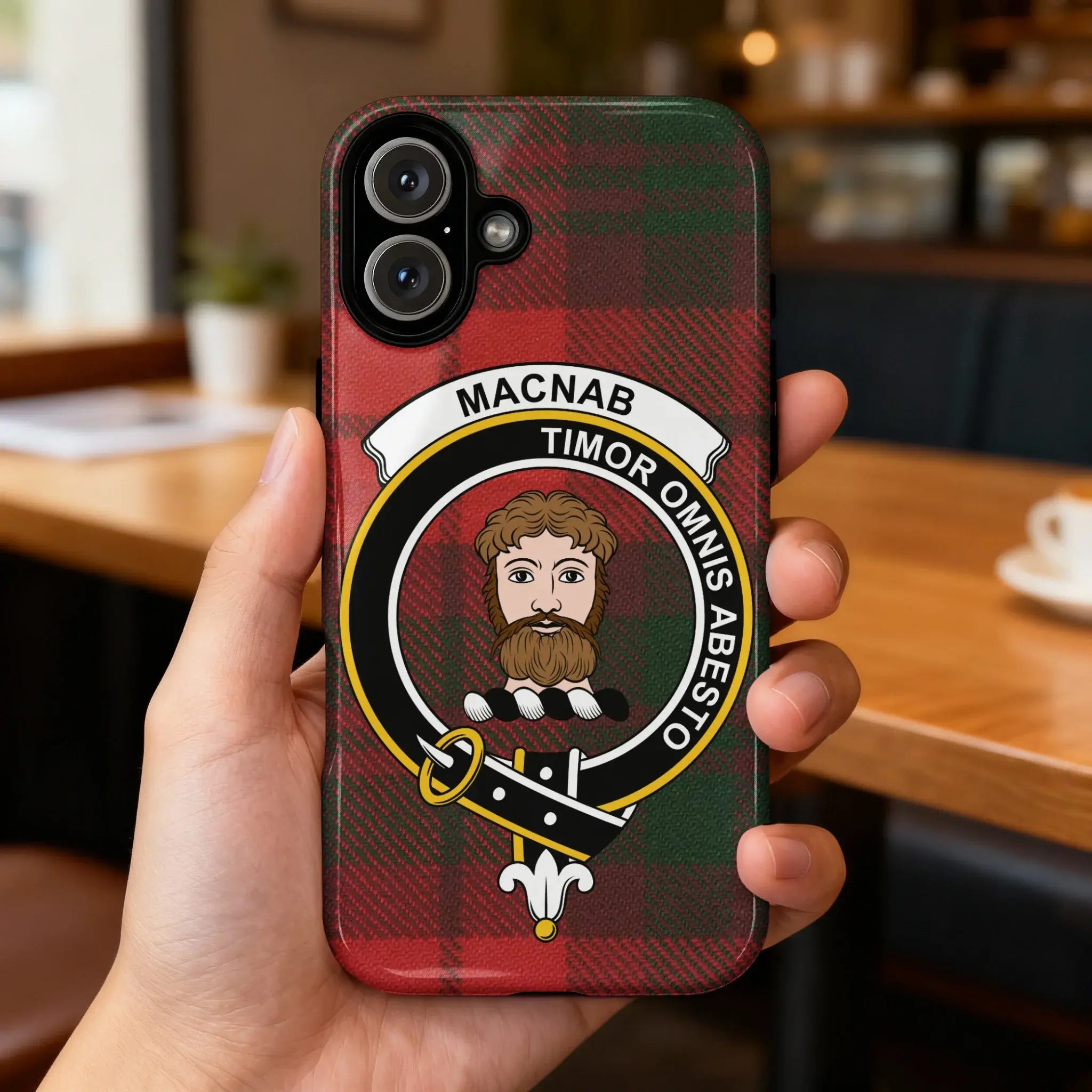 MacNab Timor Omnis Abesto tartan crest iPhone case — full 3D wrap Scottish heritage design