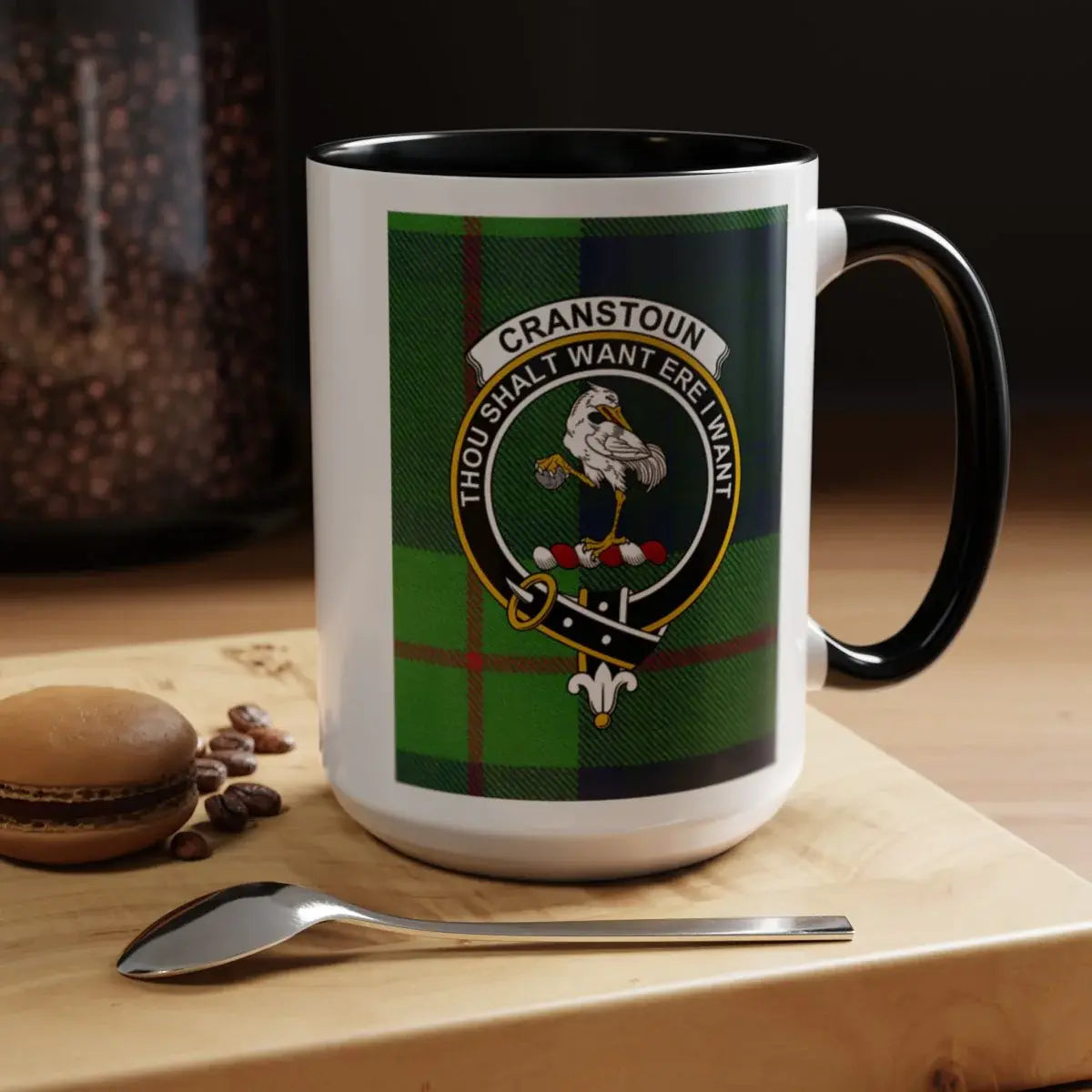 Clan Cranstoun 15oz accent mug — navy handle, Thou Shalt Want Ere I Want motto visible