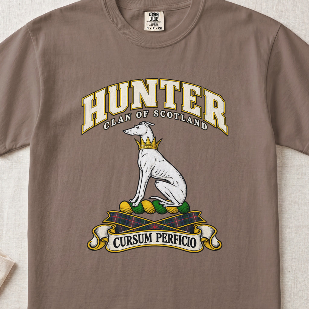 Hunter Scottish clan T-shirt in Espresso, front view with a seated white hound with a golden collar and motto banner.