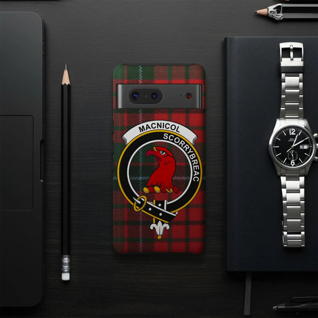 MacNicol clan crest phone case — slim glossy case showing precise port cutouts and wrap print