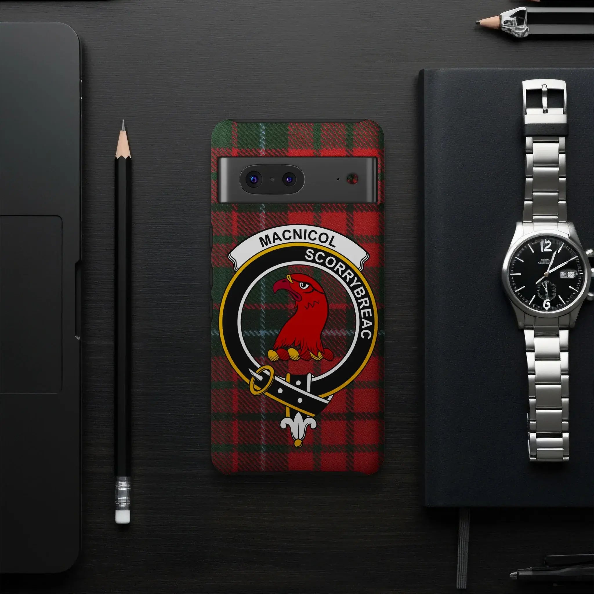 MacNicol clan crest phone case — slim glossy case showing precise port cutouts and wrap print