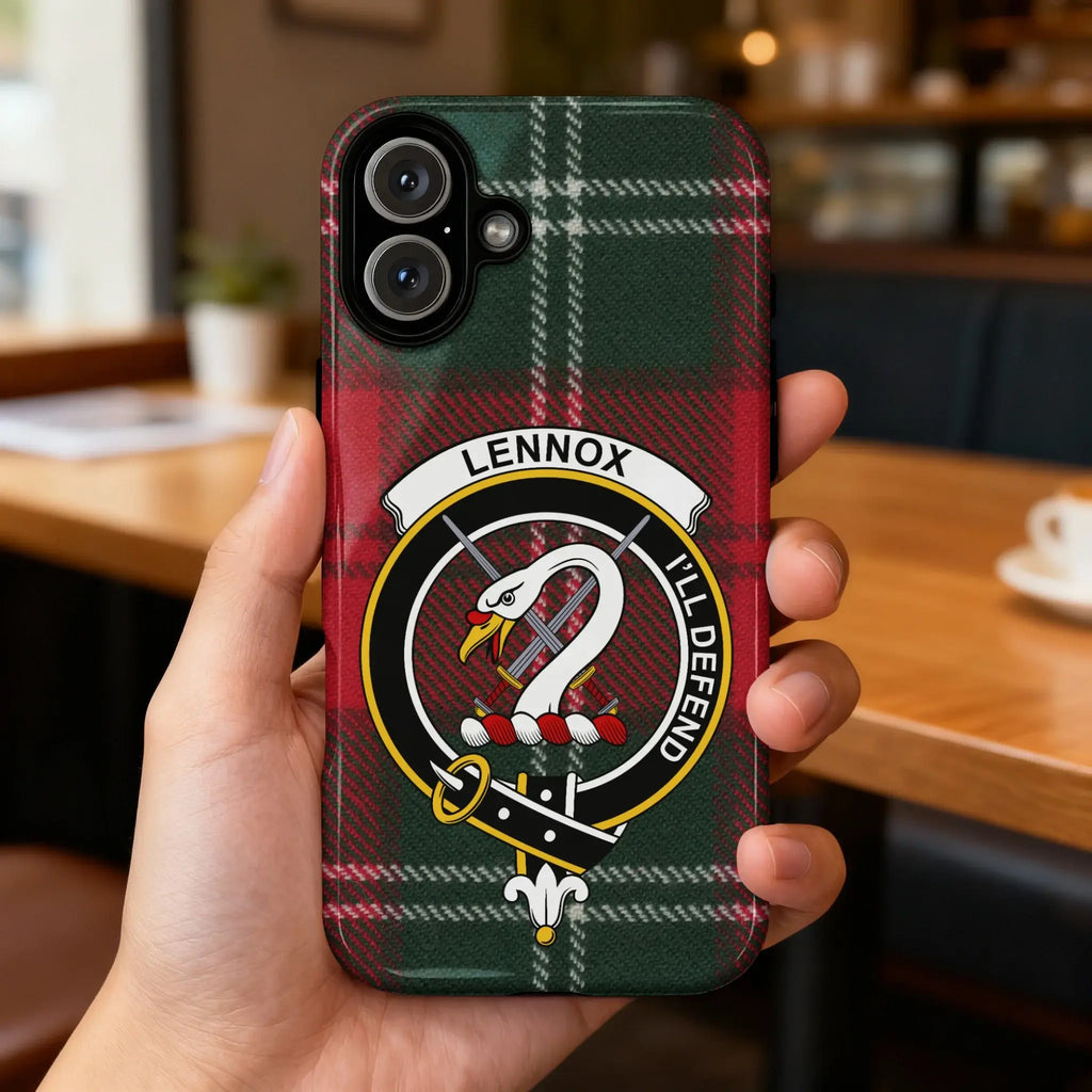 Clan Lennox tartan crest phone case — full 3D wrap print with I'll Defend motto, glossy finish