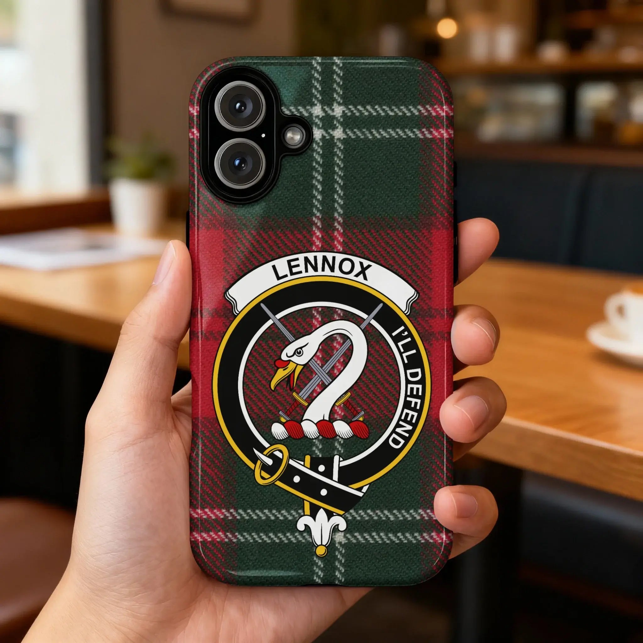 Clan Lennox tartan crest phone case — full 3D wrap print with I'll Defend motto, glossy finish