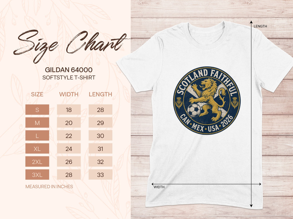Gildan 64000 softstyle t-shirt size chart with width and length measurements.