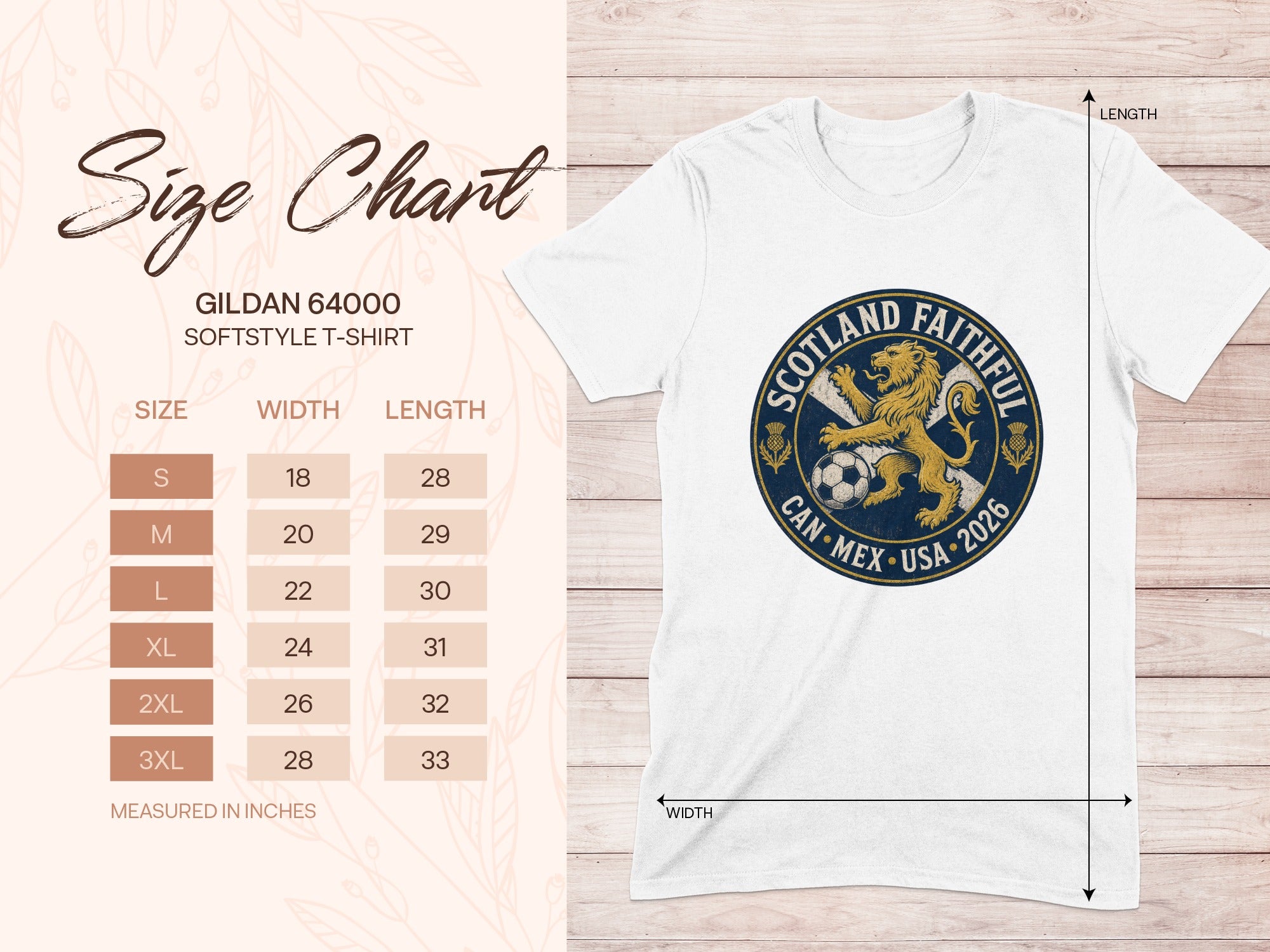 Gildan 64000 softstyle t-shirt size chart with width and length measurements.