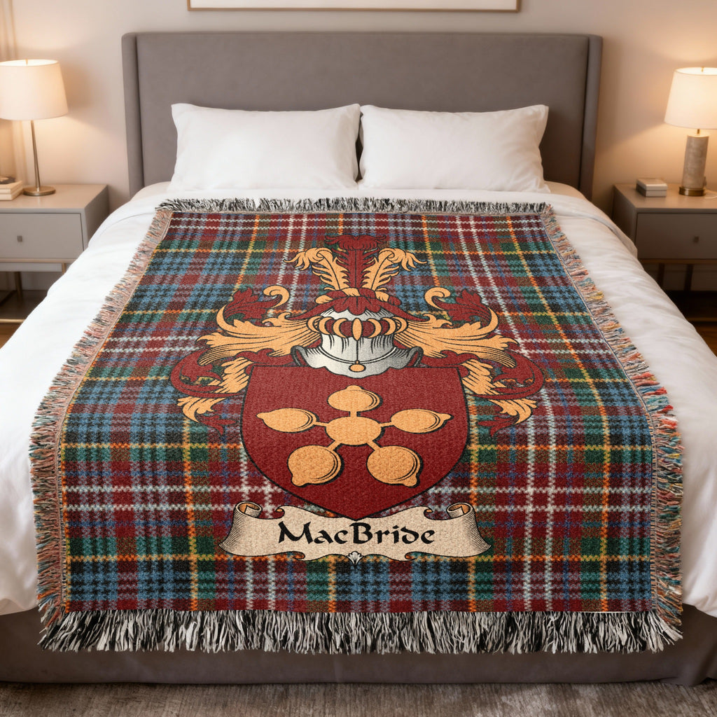 MacBride Caledonia tartan heritage woven throw blanket with family shield