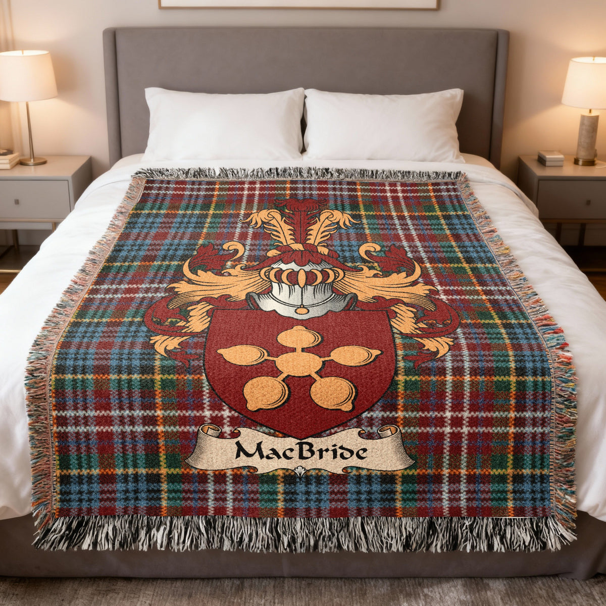 MacBride Caledonia tartan heritage woven throw blanket with family shield