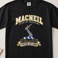 MacNeil Scottish clan T-shirt in Black, front view with an armoured arm holding a dagger and motto design.
