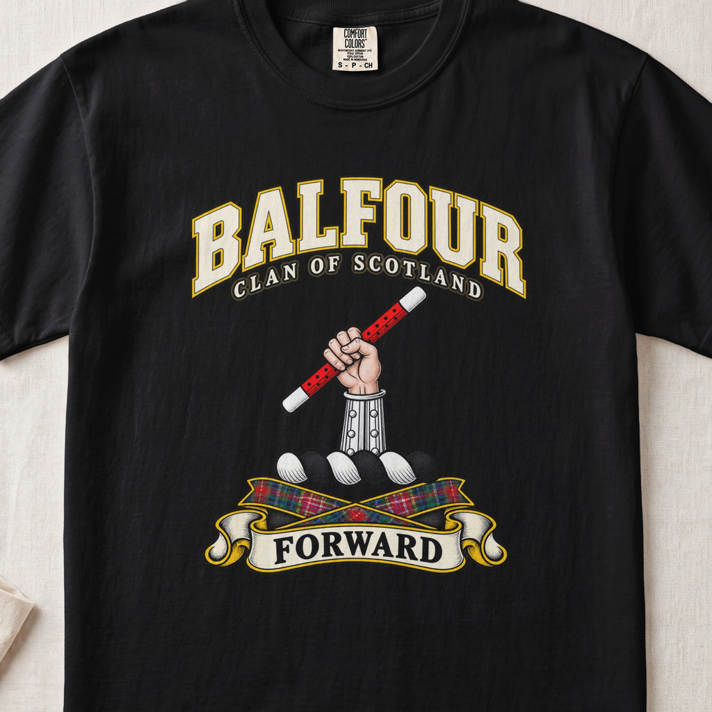 Balfour Scottish clan T-shirt in Black, front view with an armoured hand holding a red-and-white baton and motto design.