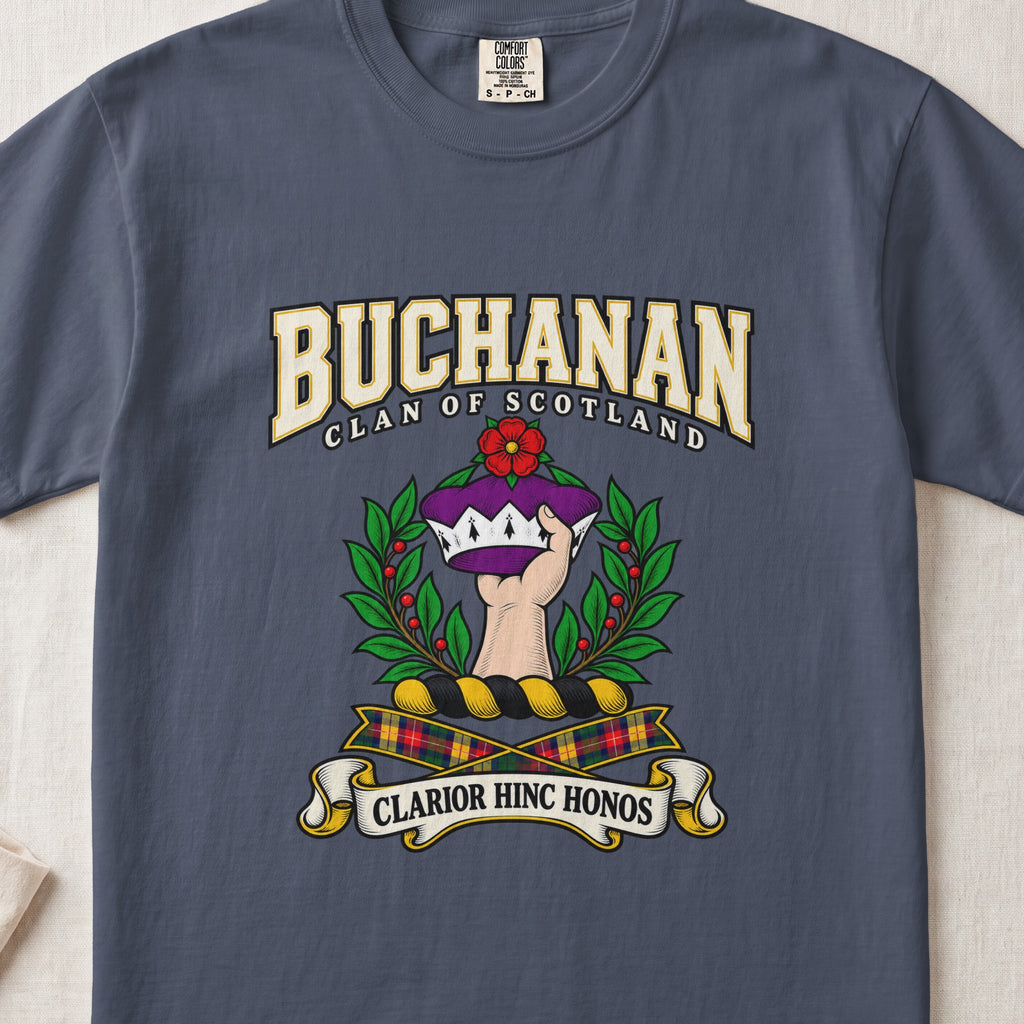 Buchanan Scottish clan graphic T-shirt in Midnight, front view