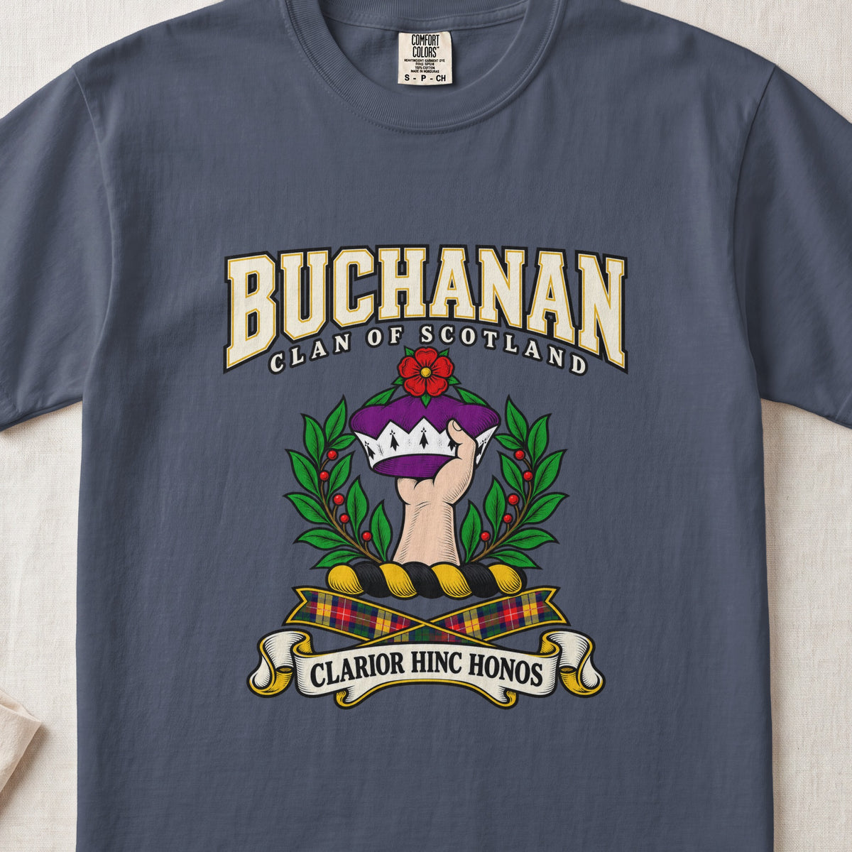 Buchanan Scottish clan graphic T-shirt in Midnight, front view