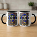 Thomson clan tartan mugs front and back — black accent handle, crest design