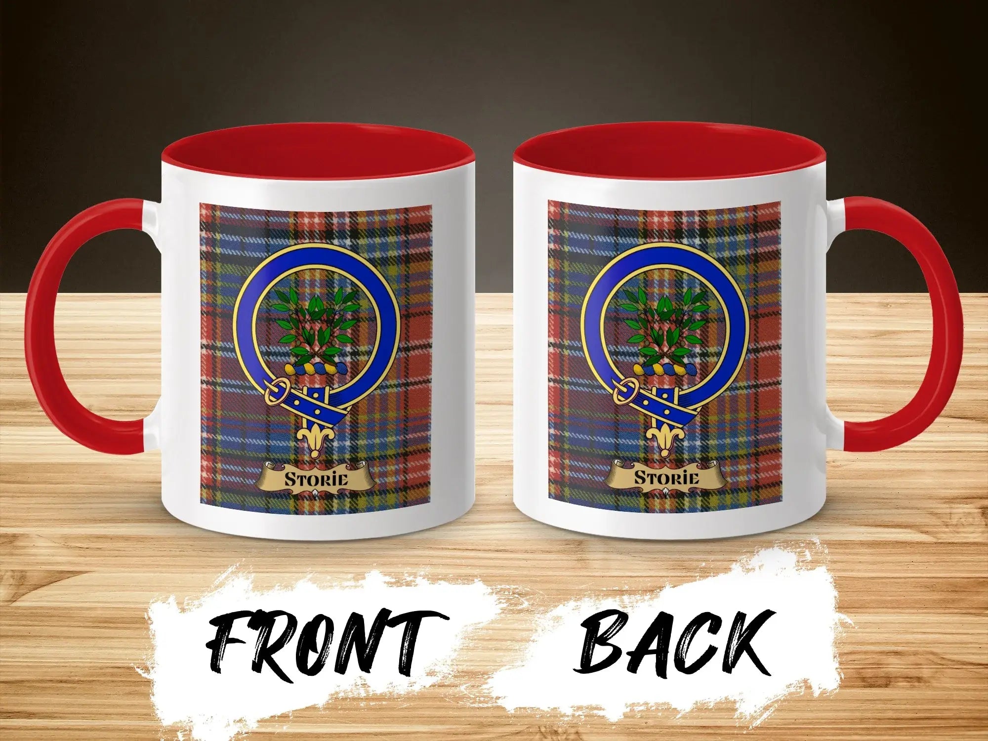 Storie tartan-background crest mug shown as a Scottish heritage gift