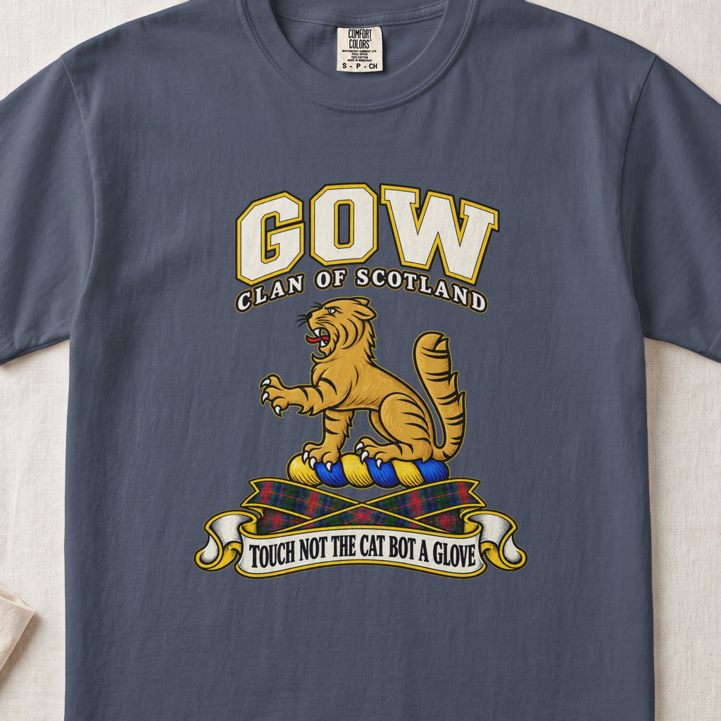 Gow Scottish clan T-shirt in Midnight, front view with a golden wildcat and motto design.
