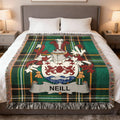 Green tartan blanket featuring the Neill family crest with rampant lions.