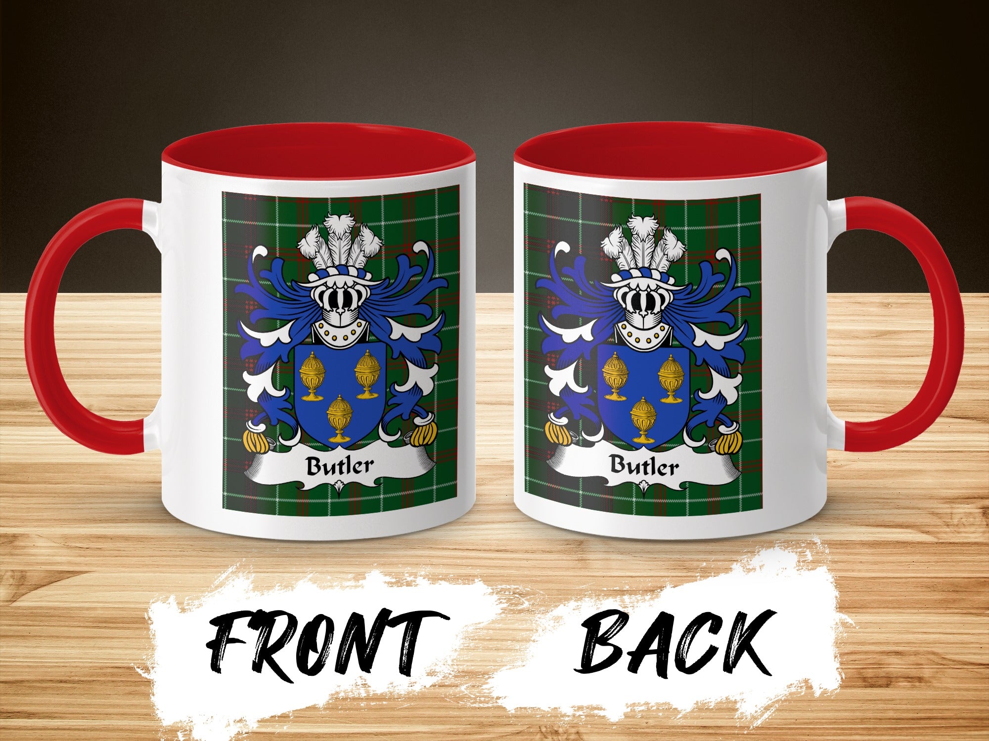 Two white mugs with red handles and interiors, featuring the Butler family crest on a tartan background.