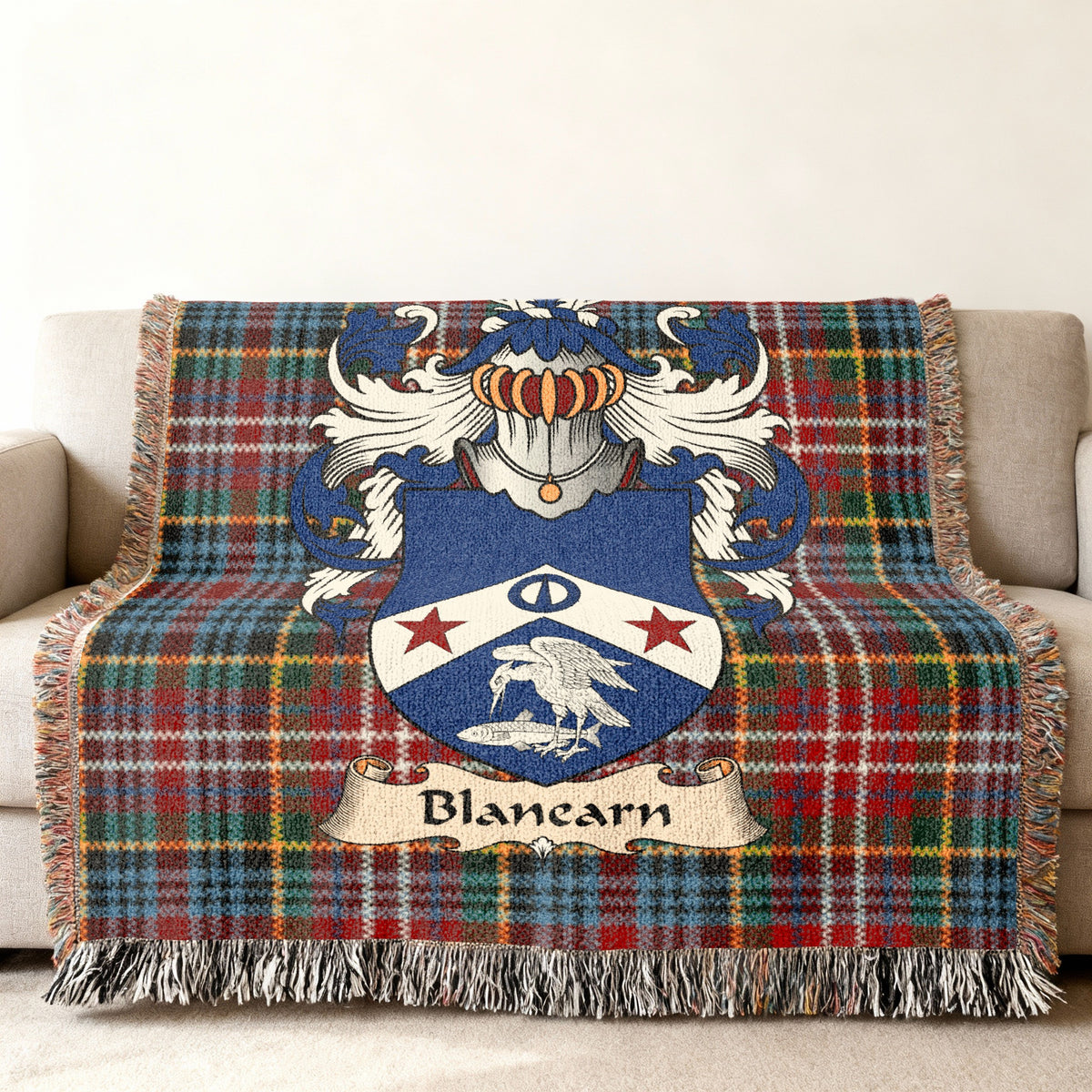 Blanearn Scottish family shield woven blanket on a Caledonia tartan background