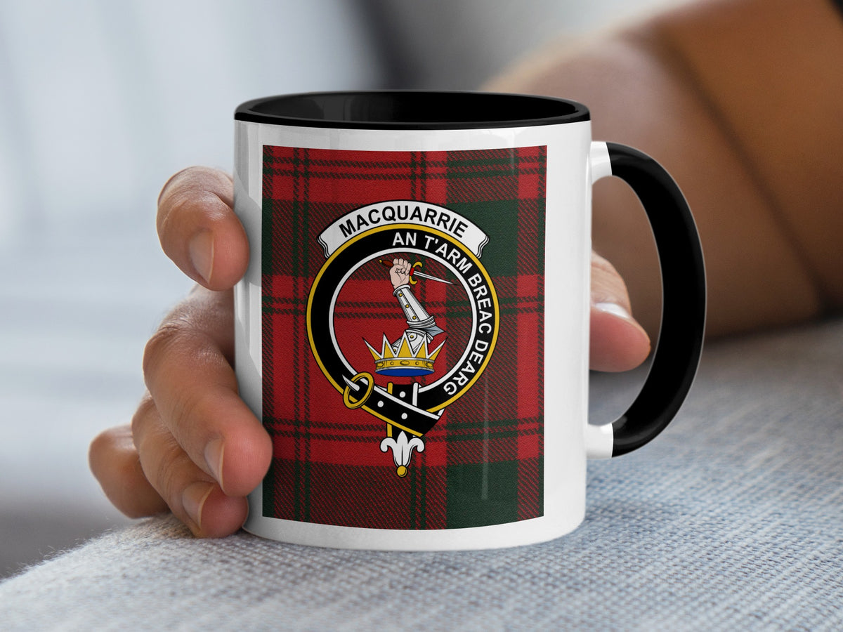 MacQuarrie Scottish clan crest artwork on an 11 oz black accent mug with a tartan background
