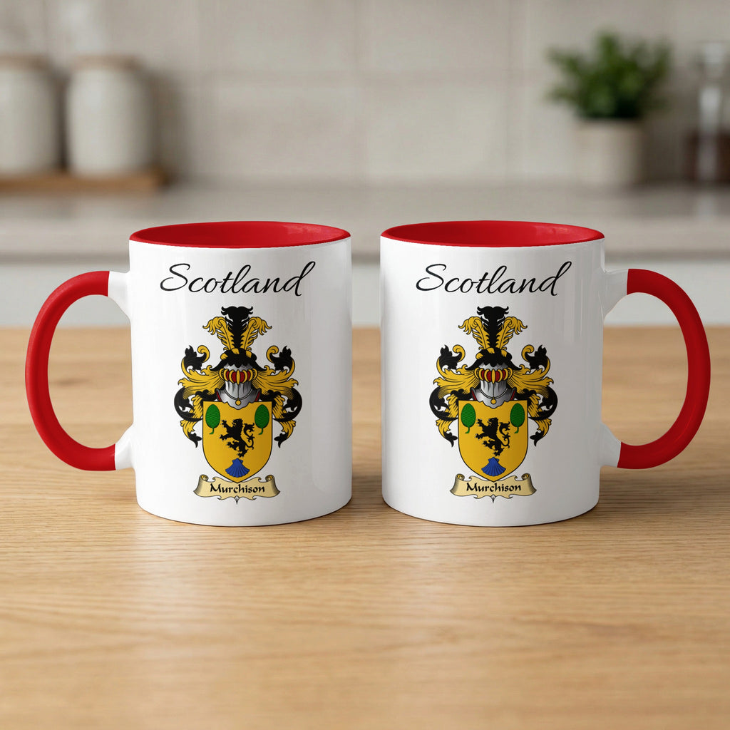 Red-accent Murchison Scottish family crest mugs with Scotland above the heraldic shield