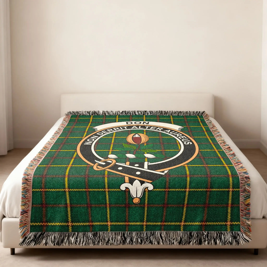Green Plaid Blanket with Black and Gold Family Crest
