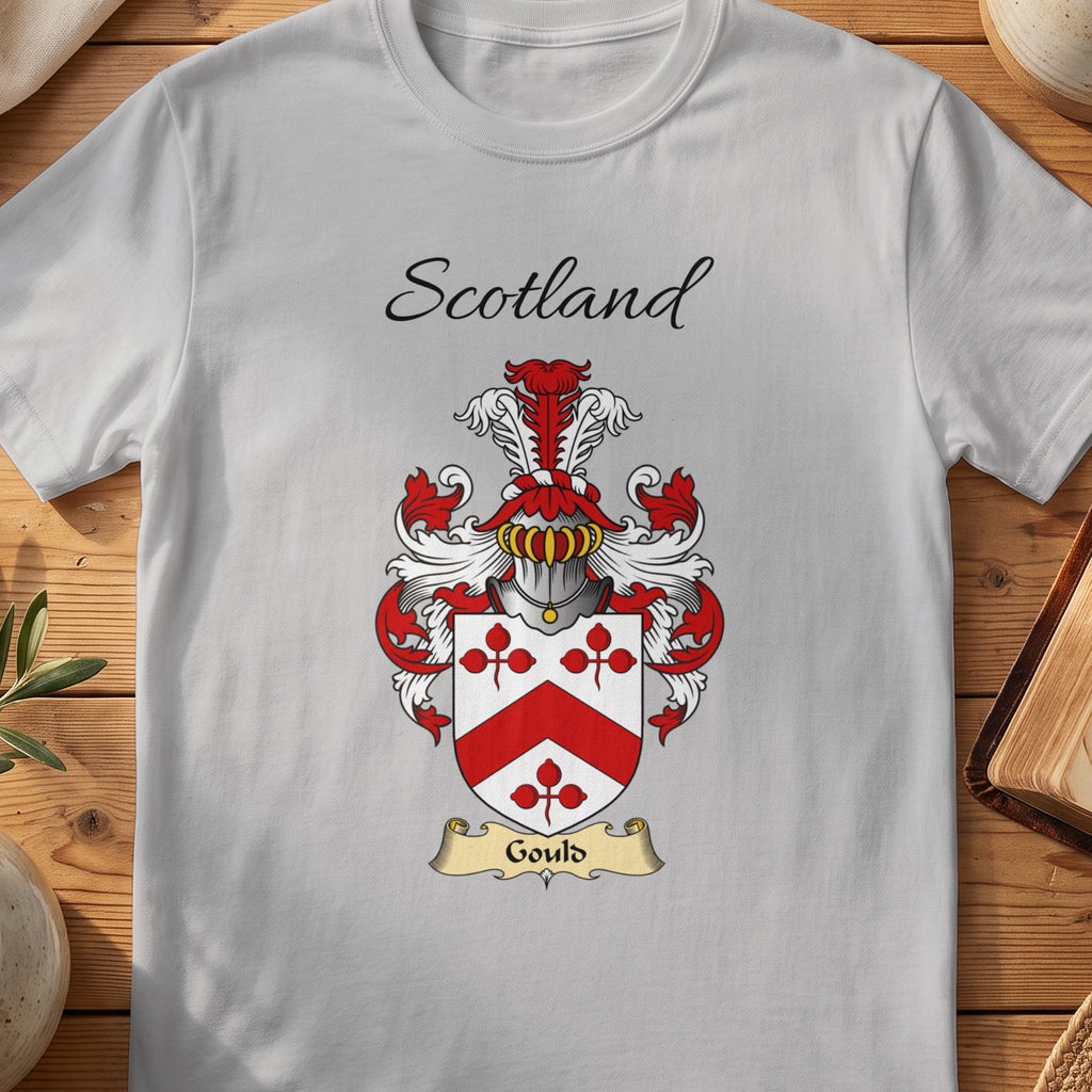 Sport Grey Gould Scottish family shield T-shirt featuring a red chevron between red floral motifs