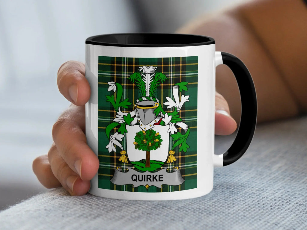 Quirke Irish family crest black accent mug on Irish National Tartan