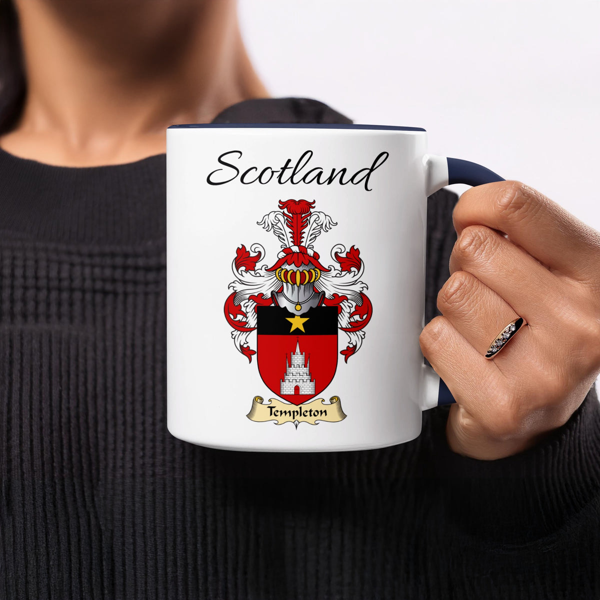 Templeton 11 oz Scottish family crest ceramic mug showing a Scotland-topped heraldic emblem