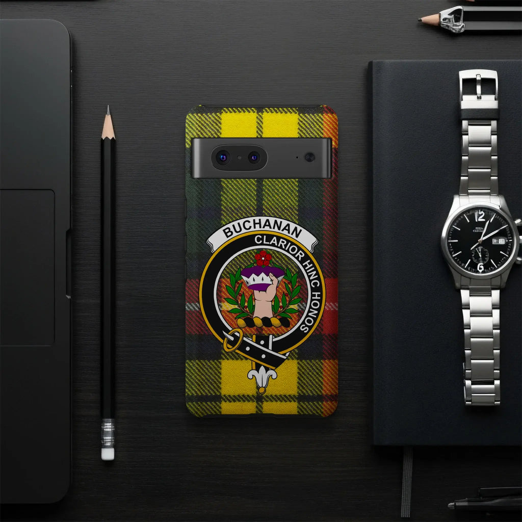 Buchanan Scottish crest phone case — back view, tartan and motto wrap print
