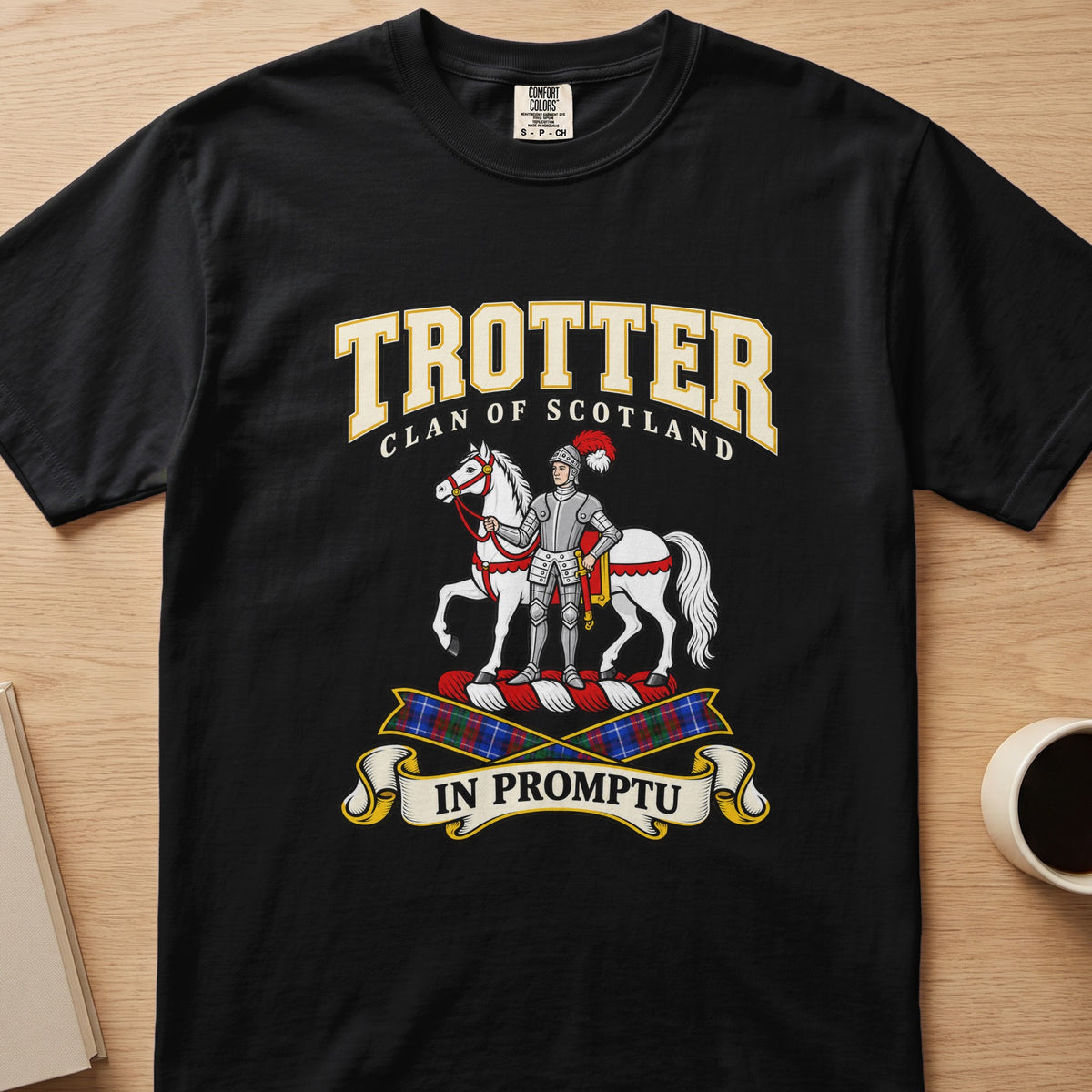 Trotter clan T-shirt in black, front view with armored figure beside a white horse