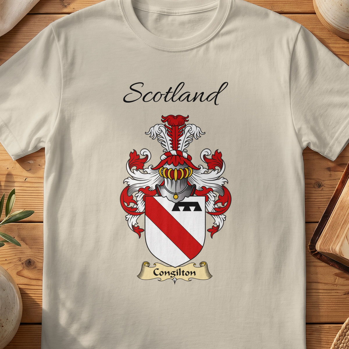 Sand Congilton Scottish family shield T-shirt featuring a red diagonal band across white