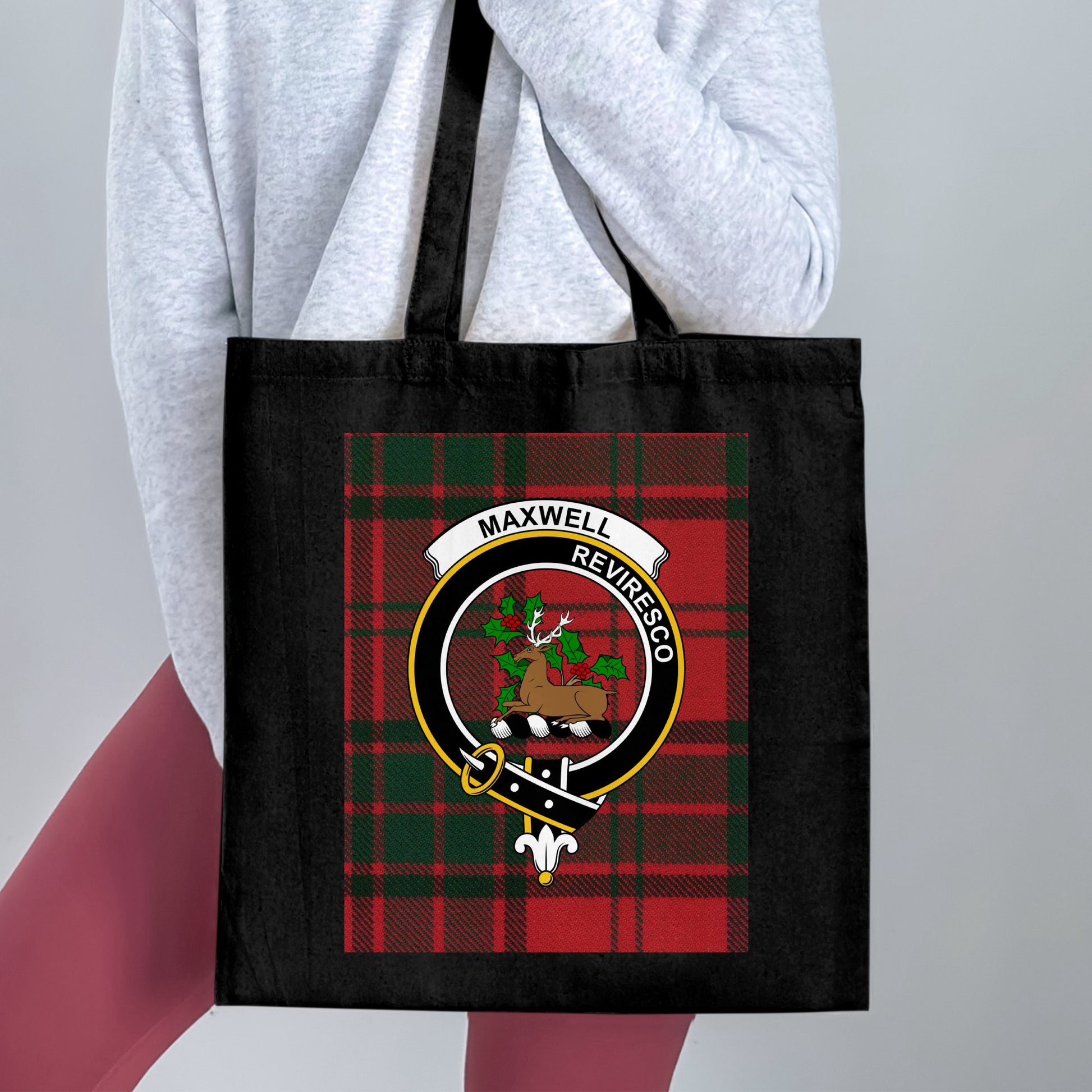 Scottish Clan Maxwell Crest on Red Tartan Tote Bag - Living Stone Gifts