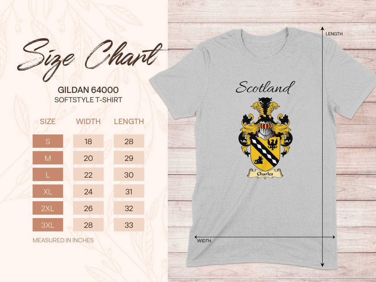 Gildan 64000 size chart for the Charles unisex T-shirt, sizes S to 3XL