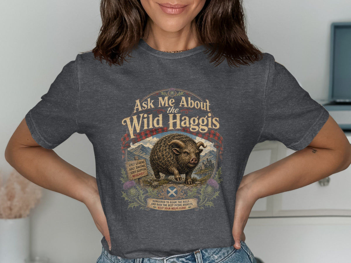 "Ask Me About the Wild Haggis" graphic with a horned pig and Scottish text.