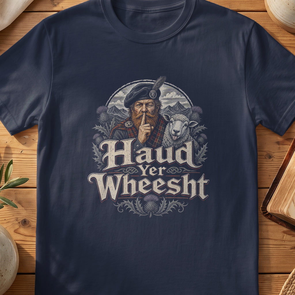 Navy Gildan 64000 unisex T-shirt flatlay with Haud Yer Wheesht Scottish graphic design